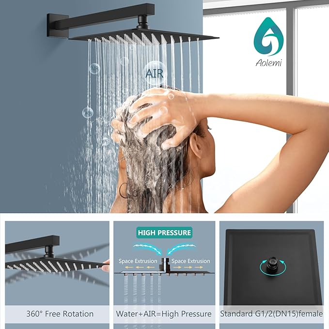Aolemi Shower System with Rainfall Shower Head and Handheld Wall Mount,High Pressure Shower Faucet Set Fixture Combo with 2 in 1 Handheld Spray Rough-in Valve,10 Inch Shower Head Matte Black