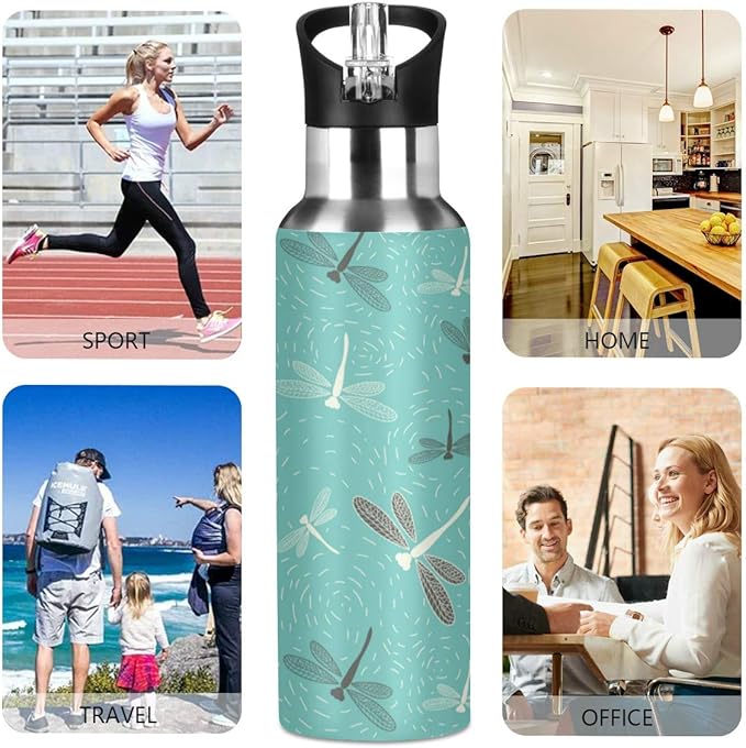 Blueangle Dragonfly Summer Green Sports Water Bottle, BPA-Free Stainless Steel Water Bottle with Straw, Leakproof, 22oz Bottle for Outdoor Hiking Camping Travel