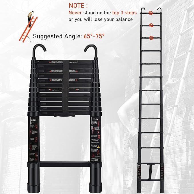 Telescoping Ladder 9.5 FT - Aluminum Telescopic Ladder with Hooks - Folding Extension Ladders for Home Work Loft Roof Attic RV Ladder with EN131 Certification - 330lbs Max Capacity (Black)