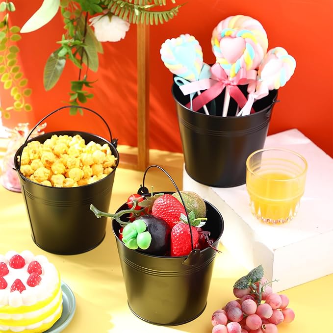 Rtteri 24 Pcs Metal Bucket, Small Metal Bucket, Party Favor Buckets with Handle, 6 x 5 Inch Ice Bucket for Kids, Flower Pot Plant Basket, Mini Toy Containers for Crafts Candy (Black)