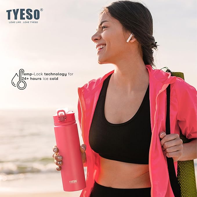TYESO Water Bottle with Carrying Handle Lid | Insulated Stainless Steel Thermos | Travel Water Bottles for Gym & Sports | Leak Proof & BPA Free | All Day Collection | 25oz (Black)