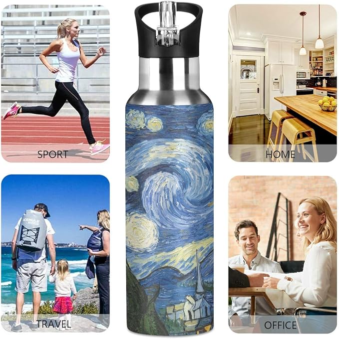 Blueangle Van Gogh The Starry Night Art Water Bottle, 22 oz, Leak-Proof, BPA Free Stainless Steel Water Bottles for Sports Gym Fitness Work
