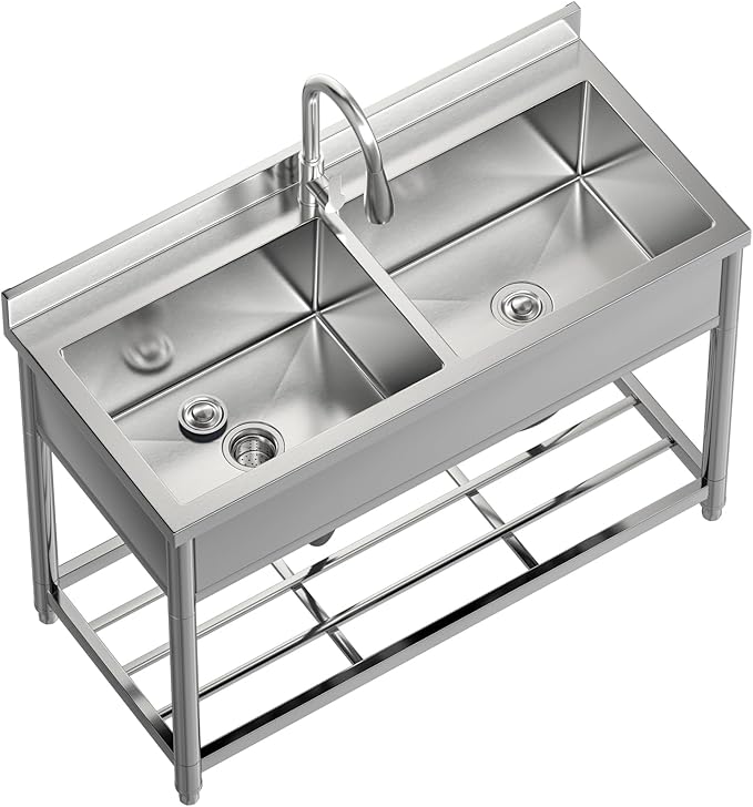 2-Compartment Commercial Sink, Stainless Steel Utility Sink with Pull-out Faucet, Free Standing Double Bowl Kitchen Sink for Restaurant, Garage, Shop, Cafe, Outoor, 21.7"D x 47.2"W x 37"H