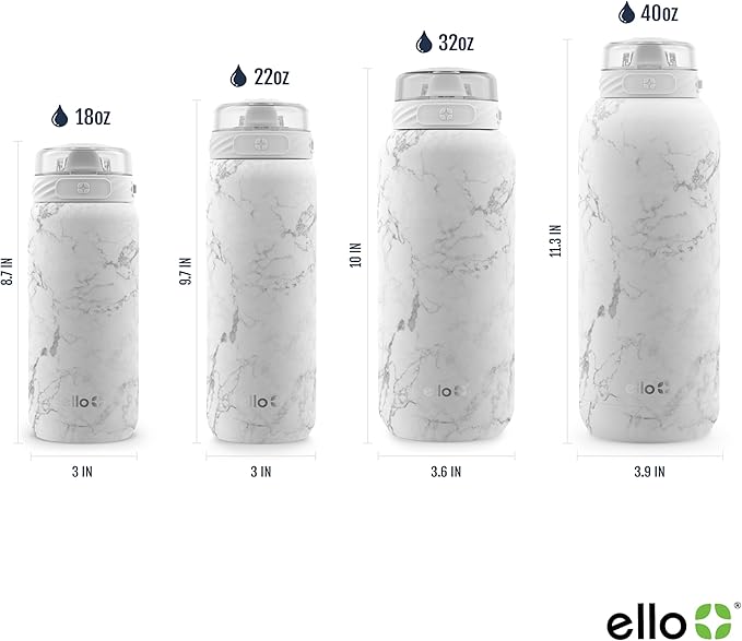 Ello Cooper 32oz Stainless Steel Water Bottle with Straw and Carry Handle, Double Walled and Vacuum Insulated Metal, Leak Proof Locking Lid with Soft Silicone Spout, Reusable, BPA Free, White Marble