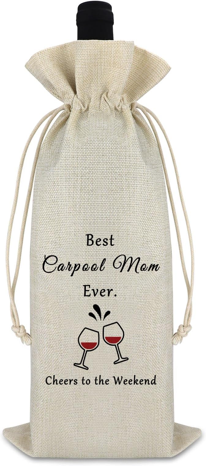 Gfhzdmf Mother's Day Gift for Mom Carpool Mom Wine Bag Birthday Gift for Mom Mother in Law Christmas Holiday Vocation Gift for Women Thank You New Year Gift for Mommy Mama Cotton Burlap Wine Wrap Bag