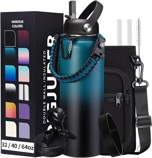 Vacuum Insulated Water Bottle 40oz - with Straw & Spout Lids, Paracord Handle, Shoulder Carrier Bag, Sport Stainless Steel , Double-wall Metal Water Bottle Thermo Hydro Mug Flask