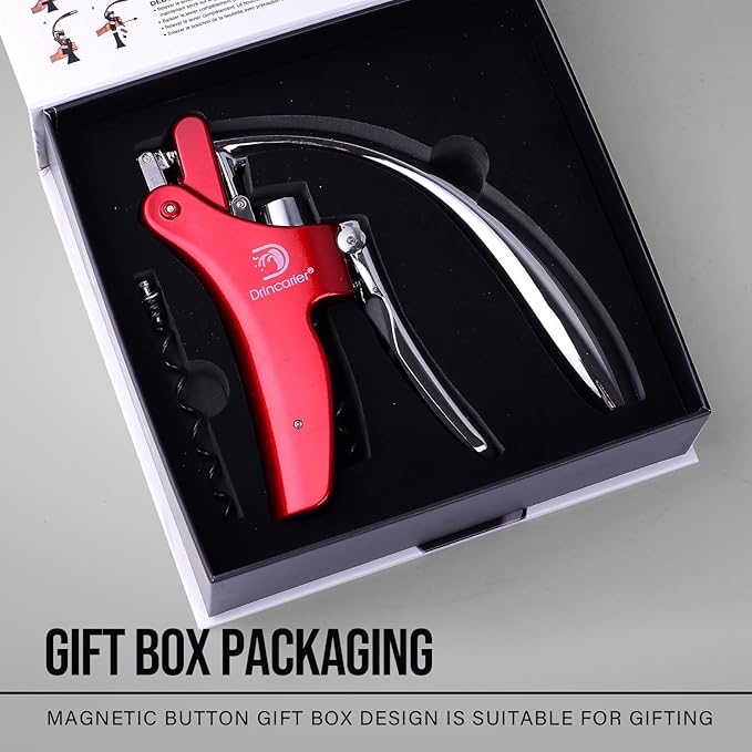 Vertical Lever Corkscrew with Non-Stick Worm, Compact Rabbit Wine Opener Wine Bottle Opener with built-in Foil Cutter (Red)