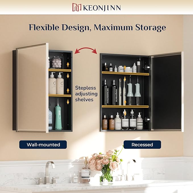 Keonjinn 16" x 24" Medicine Cabinets with Mirror for Bathroom, Brushed Nickel Recessed or Surface Wall-Mounted Aluminum Alloy Framed Beveled Mirror, Farmhouse Bathroom Mirror with Storage Cabinet