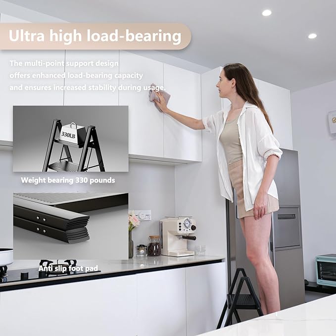 Step Ladder 3 Step Folding, Sturdy 330 Lbs Small Step Stool for Adults, Closet Step Stool Ladder with Anti-Slip Wide Pedals, Portable Folding Ladder for Home Kitchen Office