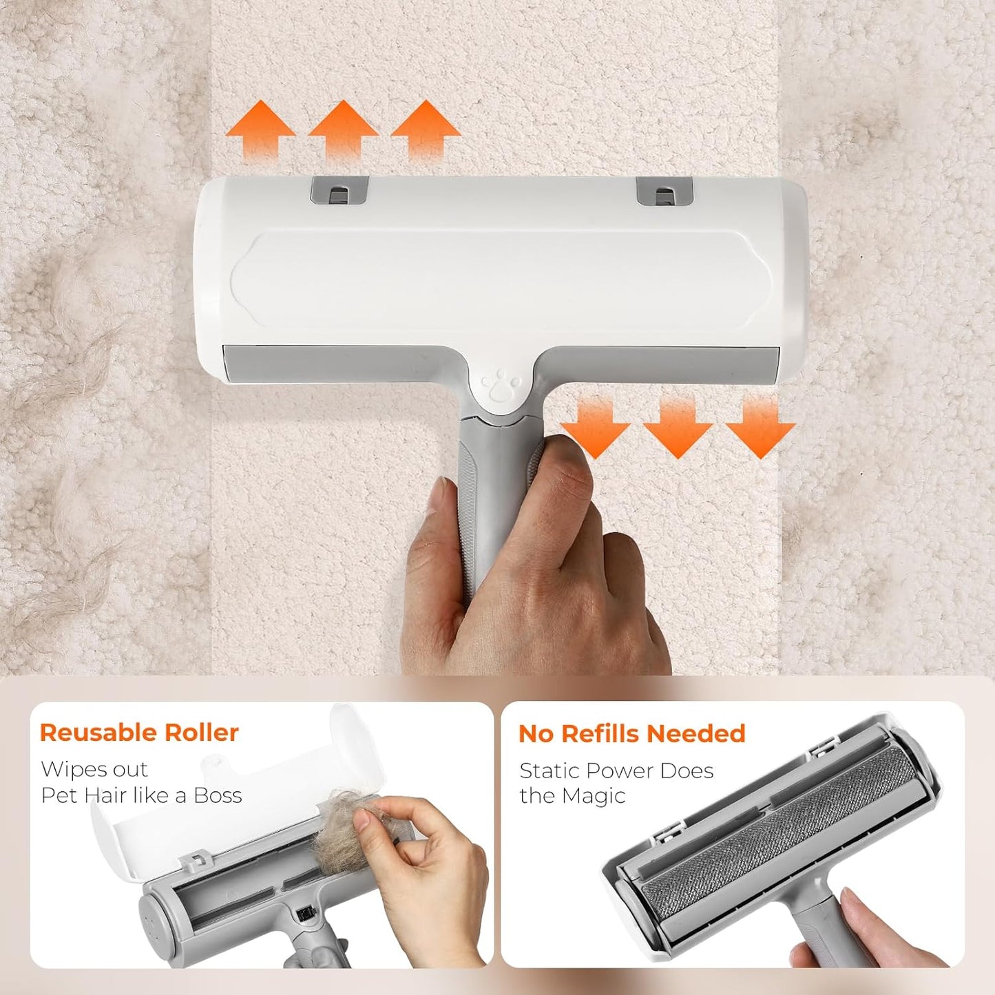 Pet Fur Remover - Pet Hair Roller Reusable for Cats and Dogs, One-Button Pop-Open, Static Cling Technology, Self-Cleaning Design