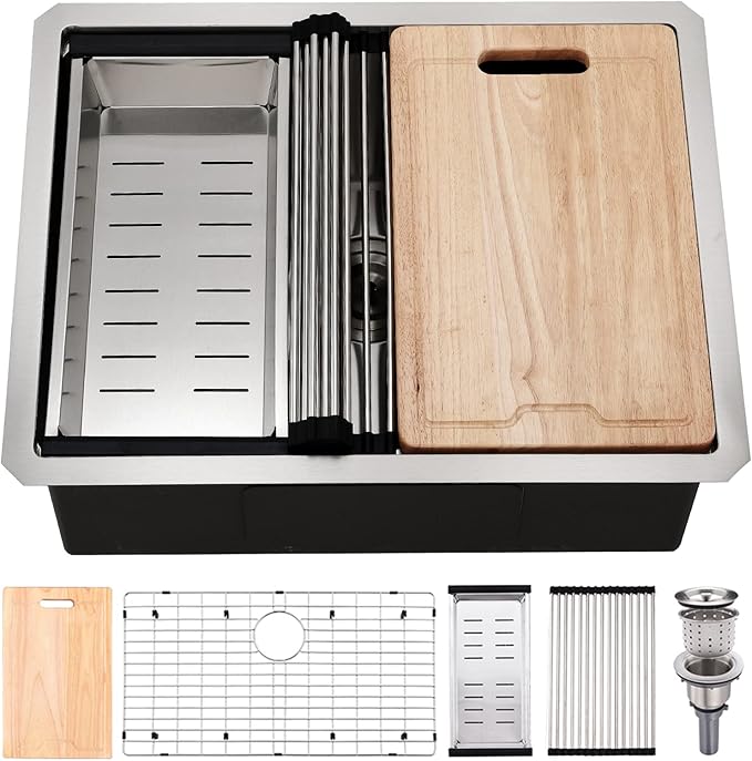 24 Inch Undermount Kitchen Sink, BoomHoze 24 x 19 Inch Sink Kitchen 16 Gauge Stainless Steel Workstation Undermount Single Bowl Outdoor