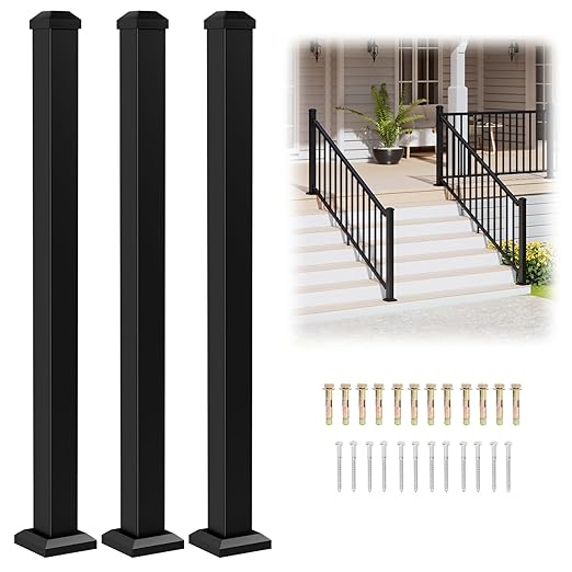 3 Pack 2.56 in. x 2.56 in. x 39 in. Aluminum Deck Railing Post with Screws, Black Textured Outdoor Powder-Coat Finish Stair Post for Decks, Porches & Balconies (3 x 39in Posts)