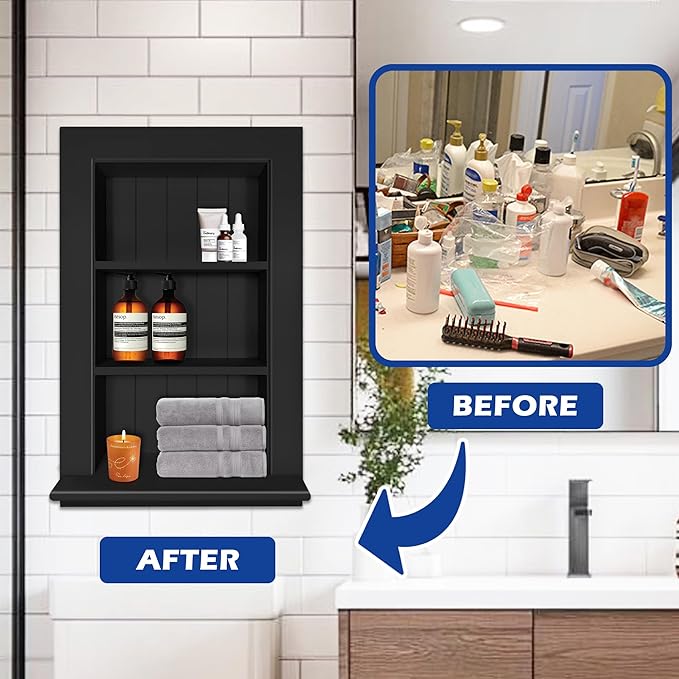 Royxen Bathroom Wall Cabinet with 3-Tier Shelves,Wooden Recessed Medicine Cabinet Over Toilet Storage Cabinet,Bathroom Cabinet Wall Mount for Home Storage, 14 x 24 Inch, Black