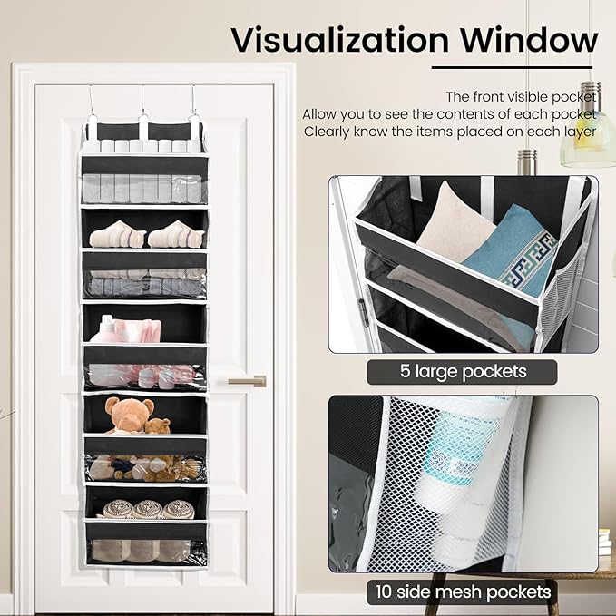 Over the Door Organizer with 5 Large Pockets and 10 Side Mesh Pockets Visible Closet Hanging Organizer Large Capacity Behind Door Storage Organizer for Home Office Bathroom Bedroom