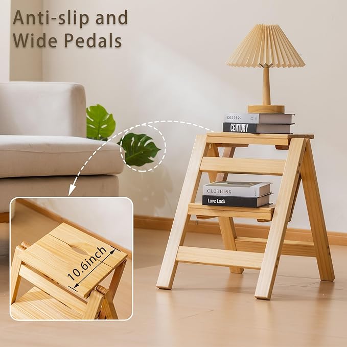 Wooden Step Stool, Foldable 2 Step Ladder, Solid Wood Ladder Stool for for Home, Kitchen & Garden Nature