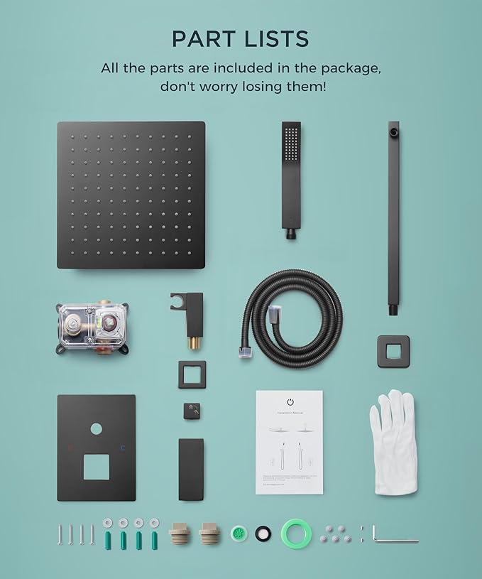 FORIOUS Rain Shower Head System, 10 Inch Shower Faucet Set with with handheld combo, Solid Brass Pressure Balanced Valve and Trim Kit Fixtures, Wall Mounted, Brushed Nickel (Matte Black, 12 inch)