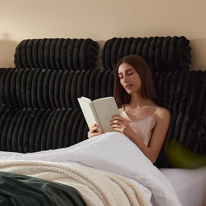 Faux Fur Headboard Pillow with 2 Pack Neck Roll Pillow Large Headboard Pillow Soft and Supportive with Removable Cover (Black, Queen)