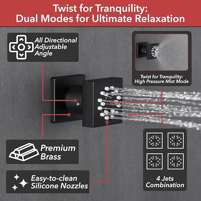 VANFOXLE Shower Faucet Set Matte Black Shower System,Three Modes Shower Faucet with 2 in 1 Handheld,Wall Mount 10 Inch Shower Head with 4 PCS Dual Modes Body Jets