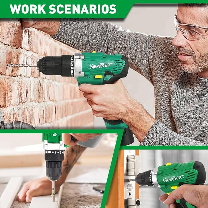 NEWBEAT Cordless Drill Set, 12V Power Drill Driver with 2 Batteries and Charger, 3/8" Keyless Chuck, 2 Variable Speed, 15+1 Torque Setting Electric Drill, Power Tools Kit for Home and DIY Project
