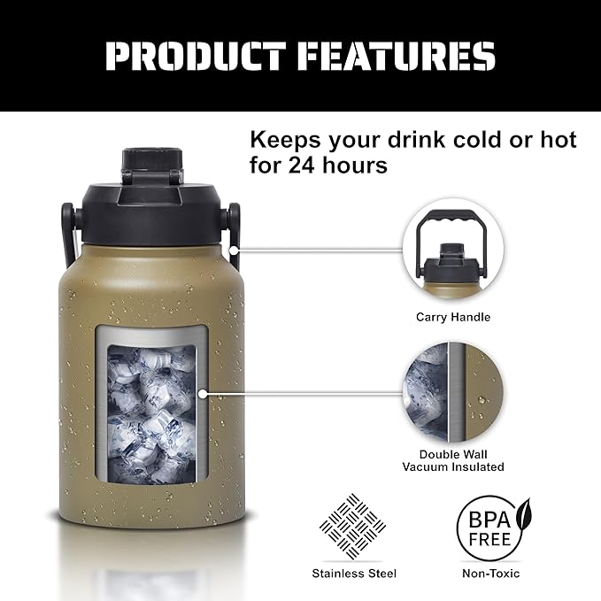 TRIBE WOD Tactical Water Bottle - 64 oz - Outdoor Military Water Bottles Stainless Steel - Double-Wall Jug with Rugged Strap and Removable Sleeve for Keys, Wallet, Phone (Military Olive)