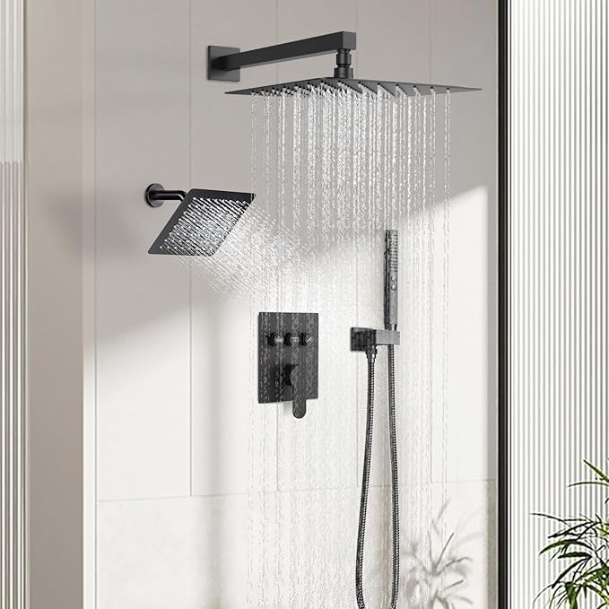 Shower Systems with Rain Shower and Handheld,STARBATH Dual Head 12+6" Rainfall Shower Can Run All Together, Wall Mount Shower Faucet Set with Pressure Balance Valve and Trim Kit, Matte Black