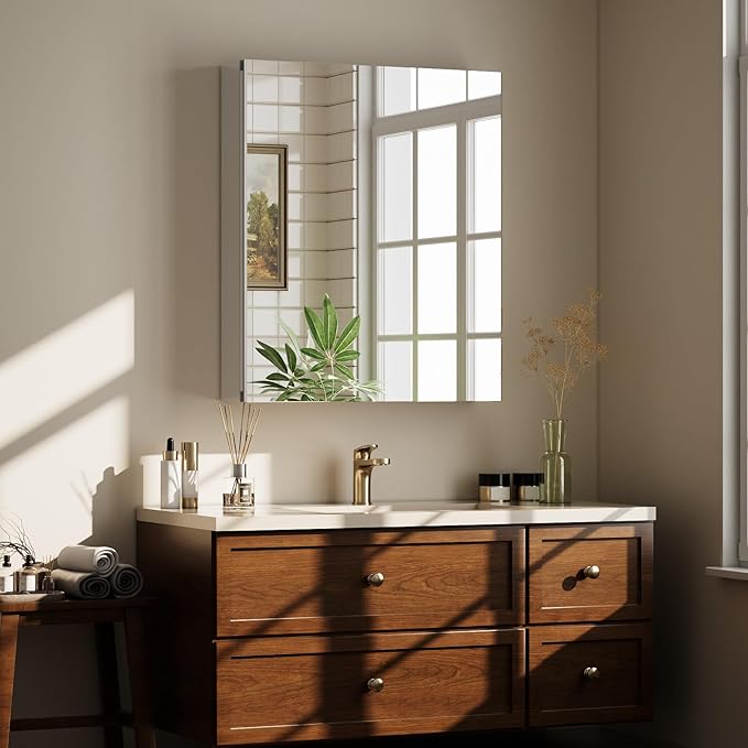 Bathroom Medicine Cabinet with Mirror, 16 Inch x 24 Inch Bathroom Mirror Cabinet with Single Door & Adjustable Shelves, Surface Mount or Recess Installation