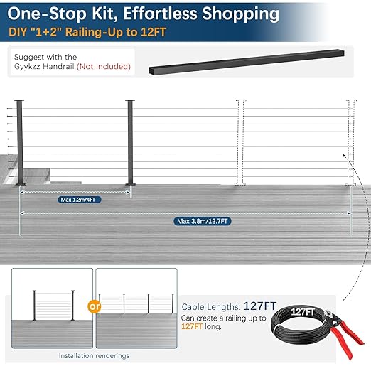 2 Pack Economical One-Stop Cable Railing Post Kits 36", Stainless Steel T304 Deck Railing System with Swageless Tensioner, Upgraded Black Powder Coated Level Drilled Post Kits with DIY Length