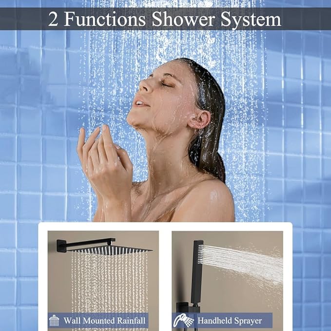 Shower Faucet Set 16 Inch Wall Mount Rain Shower System, All Metal Shower Fixtures - Matte Black