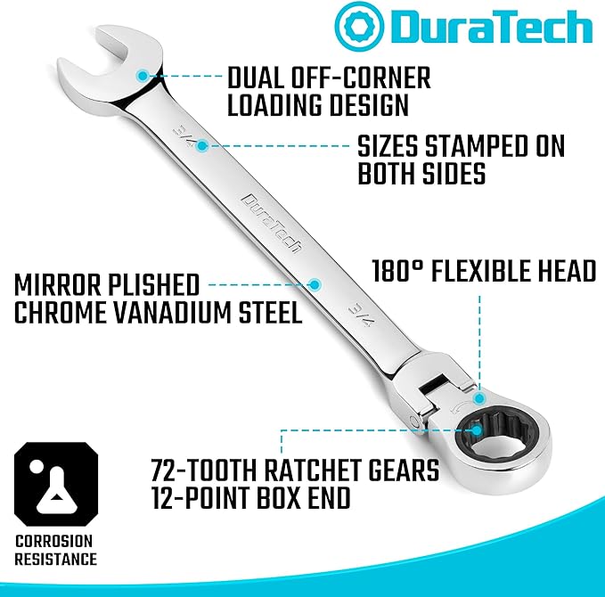 DURATECH Flex Head Ratcheting Wrench Set, Combination Wrench Set, 22-piece, Metric & SAE, 1/4" to 3/4" & 6-18mm, CR-V Steel, Mirror Polished, with Pouch