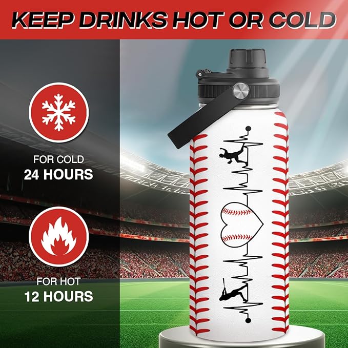 SANDJEST Baseball Water Bottle 32oz Stainless Steel Insulated Bottles for Men Women Sports Lovers Baseball Fan Players Coach - Baseball Gifts for Birthday Christmas