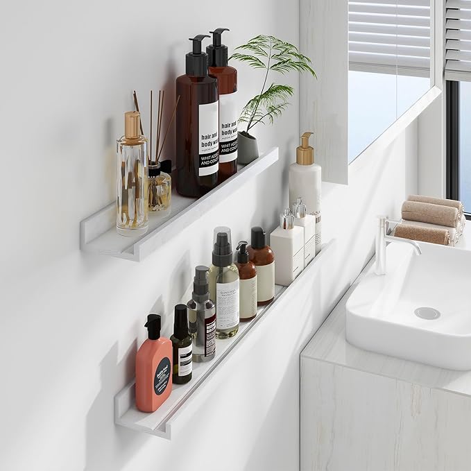 Floating Picture Ledge Shelves 55 Inch Solid Oak Wood Set of 2, Rustic Wall Storage Shelves with Lip, Kids Bookshelf, Photo & Picture Ledge Shelves for Bedroom, Living Room, Kitchen