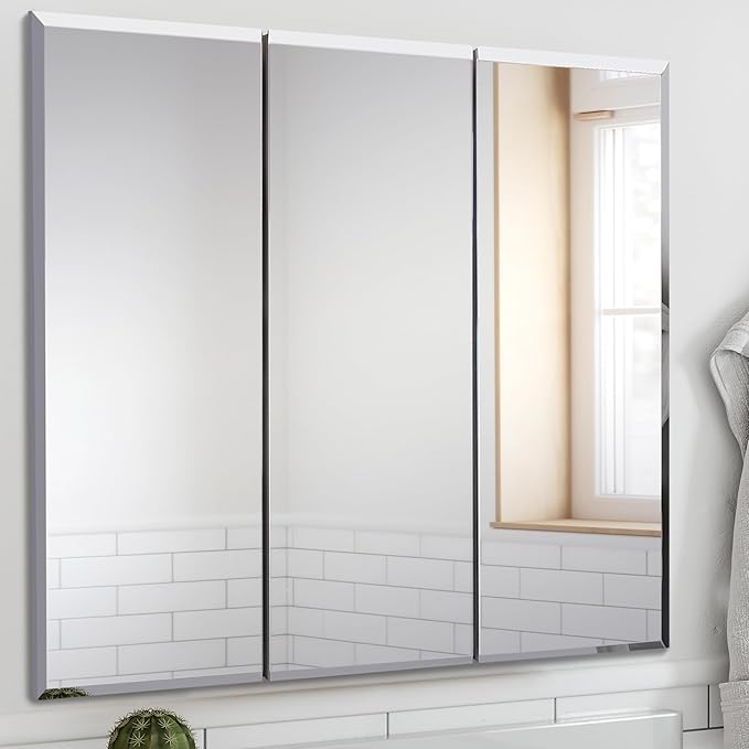 Design House Cyprus 36-in. Wide Medicine Cabinet, 3 Frameless Mirrored Doors, Pre-Assembled, Surface or Recess Mounted, White Clear, 36.3 in. W x 4.4 in. D x 30.1 in. H, 597500
