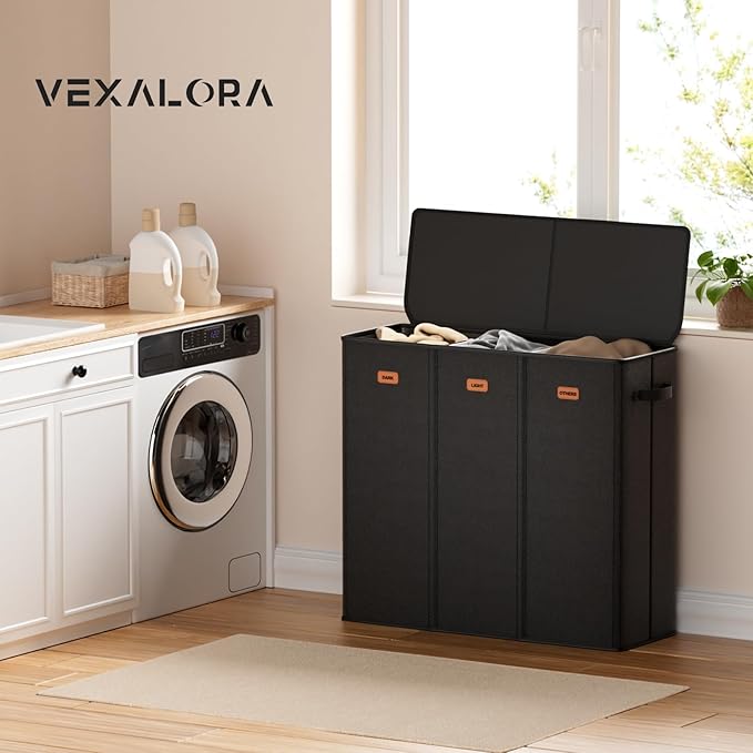 185L Laundry Hamper 3 Section, Laundry Hamper with Lid, Dirty Clothes Hamper with 3 Removable Washing Bags, Extra Large Laundry Basket Organizer for Bedroom, Laundry Room, Dorm - Black