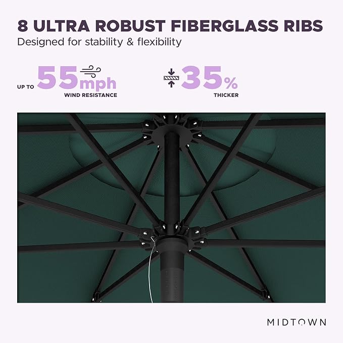 Midtown Umbrellas Push and Pop 9 Feet Outdoor Umbrella, Dark Green Polyester Fabric - Fiberglass Ribs Deck Patio Umbrella, Backyard Umbrella, Garden Umbrella & Pool Umbrella - Black Pole