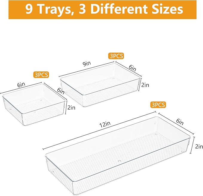 Clear Plastic Drawer Organizer Set for Kitchen, Bathroom, Office, Cosmetics & Tools - Multifunctional Storage Trays with Adjustable Dividers, Space-Saving Transparent Design (Clear, 9 Pcs)