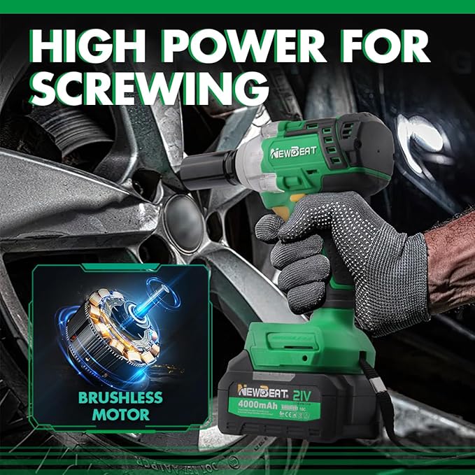 NEWBEAT Cordless Impact Wrench, 21V Brushless 1/2 inch Impact Wrench, Electric Impact Gun, Power Impact Driver with 4.0Ah Battery and Charger, Variable Speeds for Car, Home DIY, Tire Removal Tool