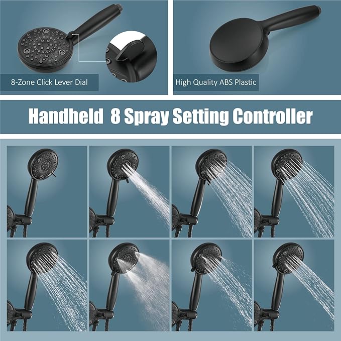 Aolemi Shower Faucet Set Rain Shower Head System Shower Trim Kit Pressure Rough-in Valve Included ABS 8 Setting Dual Shower Head and Handheld Spray Matte Black