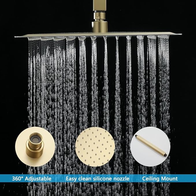 12 Inch Ceiling Mount ‎Brushed Gold Shower System Bathroom Luxury Rain Mixer Shower Combo Set Ceiling Rainfall Shower Head System (Contain Shower Faucet Rough-in Valve Body and Trim)