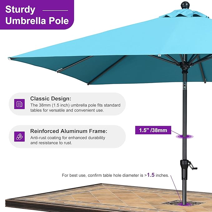 PURPLE LEAF 8' x 8' Square Patio Umbrella Outdoor Table Umbrella Aluminum Frame Market Umbrella Sun Umbrella with 8 Sturdy Ribs Tilt for Garden Deck Lawn Pool Light Turquoise Blue