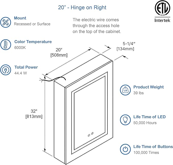BLOSSOM Recessed or Surface LED Lighted Mirror Medicine Cabinet with Lights, LED Medicine Cabinet with Defogger (20x32/Right Hinge)