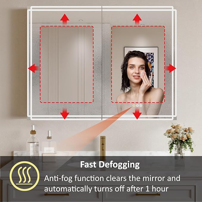 Buruis 36'' x 32'' Medicine Cabinet with Lights and Mirrors, Recessed or Wall Mounted Modern Bathroom Cabinet with 3-Mode Light, Anti-Fog, Dimmable, Memory Function, Outlet, Silver