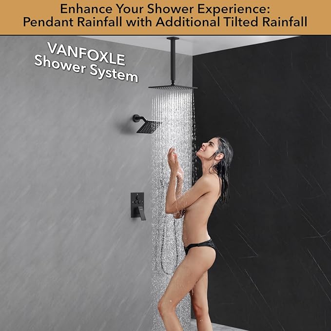 VANFOXLE Shower Faucet Set Matte Black Shower System,Push Button Diverter Shower Faucet with 2 in 1 Handheld,Ceiling Mount 10 Inch Shower Head with 6 Inch Wall Mount Shower Head