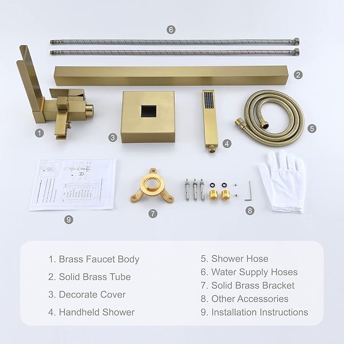 TapLong Freestanding Tub Faucet，Waterfall Tub Filler Freestanding Bathtub Faucet Brushed Gold Single Handle Stand Alone Brass Bathtub Faucet with Hand Held Shower, 51001ZBGG