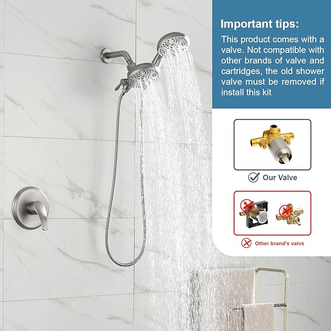 Dual Shower Faucet Set with Valve High Pressure Dual 2 in 1 Shower Combo Set Shower System with Handheld Showerhead 3-way Water Diverter Shower Trim Kit Brushed Nickel