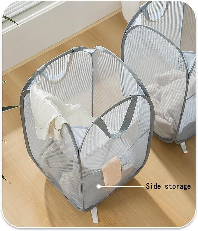 Collapsible Mesh Laundry Basket，Pop Up Laundry Hamper-Easy Storage, Ideal for Home and Travel Use (2 light gray)
