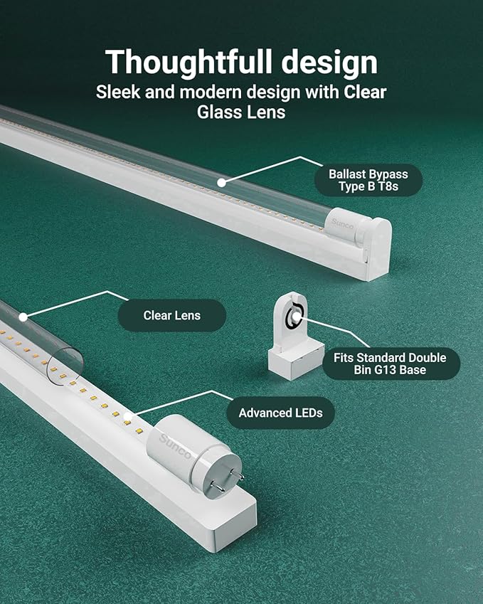 Sunco 50 Pack T8 LED Bulbs 4 Foot, LED Fluorescent Tube Replacement, 4ft LED Tube Light, Ballast Bypass, 2200 LM, 18W, 4000K Cool White, Single Ended Power, Clear Lens, UL