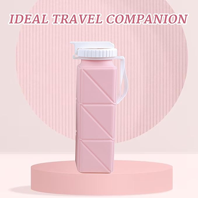 EOBTAIN Pink Collapsible Water Bottle with Straw 20oz BPA Free Portable Foldable Travel Water Bottle Cups,Lightweight Silicone Durable Sports Water Bottles for Hiking,Camping,Gym