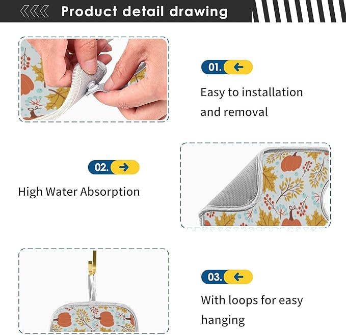 Fall Pumpkin Faucet Sink Mat for Kitchen 2 Pack Autumn Maple Leaves Sunflower Berry Bathroom Drying Mat Absorbent Splash Water Catcher Mats Microfiber Cloth Drip Protector Splash Pad 30x5 Inches