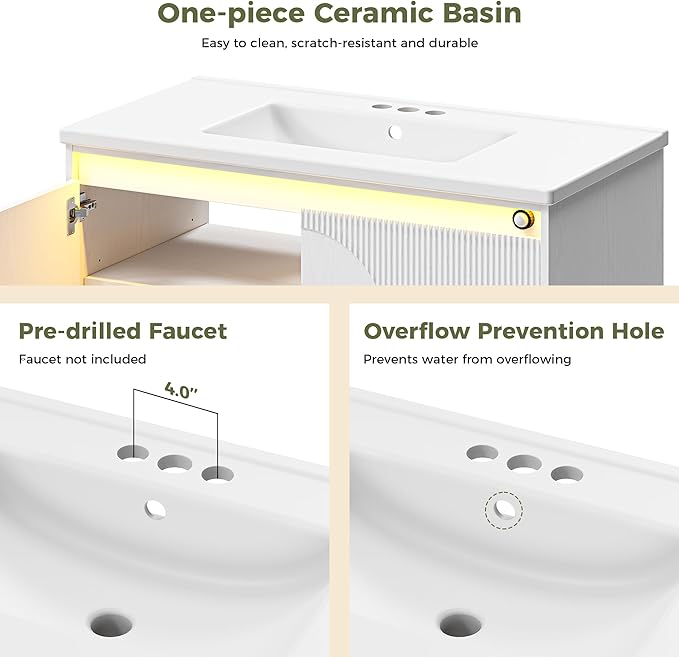 IRONCK Floating Bathroom Vanity with Sink, Mirror Medicine Cabinet, LED Strip Light, 36 Inches Modern Wall Mounted Sink Cabinets & Mirror Cabinets Set with Large Storage Space, White