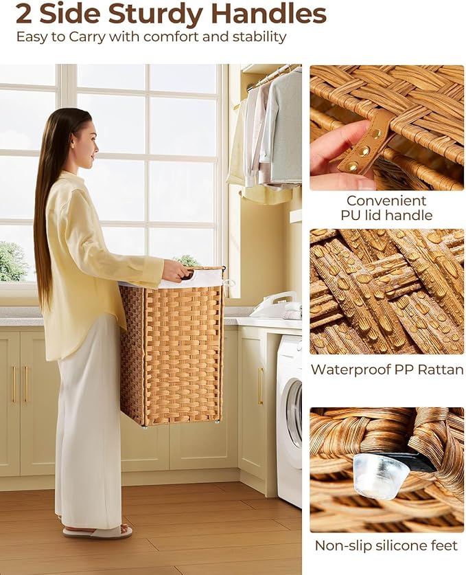 Greenstell Laundry Hamper No Install Needed, Divided Clothes Hamper with 2 Removable Liner Bags, 90L Handwoven Synthetic Rattan Laundry Basket with Lid and Handles, Foldable Natural
